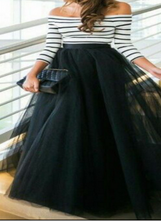 Off Shoulder Maxi Dress with Striped Top  and  Skirt
